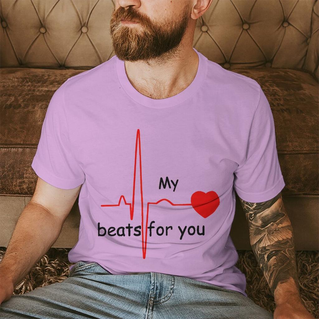 Couple Heart Beats for You Print T Shirt Causal Women Man Vintage Couples Matching Tshirt Short Sleeve Valentines Day Tees