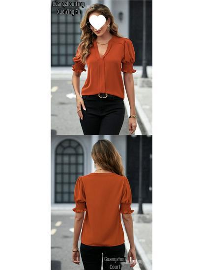Women's Summer V-Neck Puff Sleeve Solid Color Top