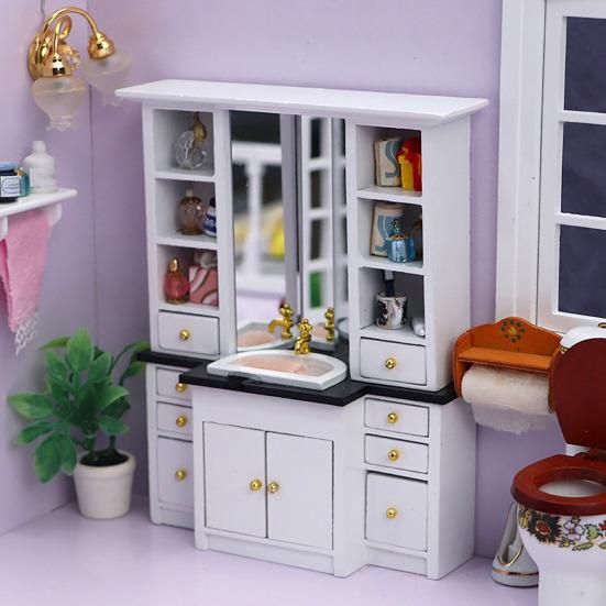 Mini Bathroom Cabinet 1:12 Miniature Bathroom Furniture Cabinet Model with Sink Drawers Doll Accessories for Kids Pretend Play