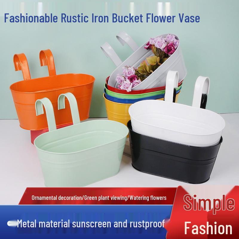 Oval Metal Double Hook Hanging Flower Pot for Railings and Fences