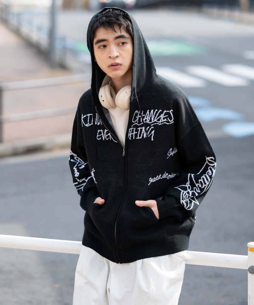 WEGO Jacquard Graphic Knit Zip Size Street Perfect Gift for and Winter Men's Hoodie, M, Black, Casual, Style, Spring, Autumn,