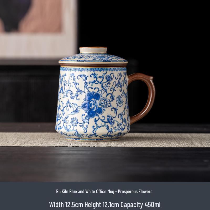 Ru Ware Blue & White Ceramic Office Tea Cup with Lid & Separator 401-500ml