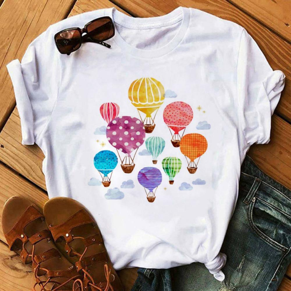 Cute Cartoon Flower Balloon Half Sleeve Base Bf Wind Round Neck Short Sleeve T-shirt Woman Harajuku  Oversized T Shirt M