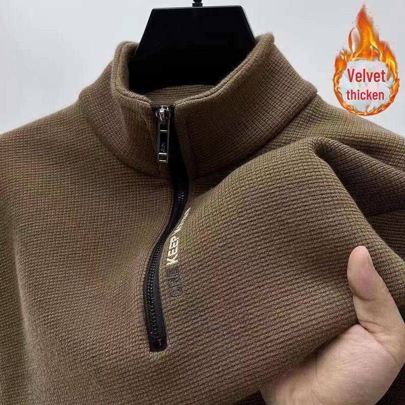 

Мужской зимний повседневный топ с длинными рукавами, воротником-стойкой, на подкладке из бархата и полумолнии 3XL (170-190 lbs) кофейный