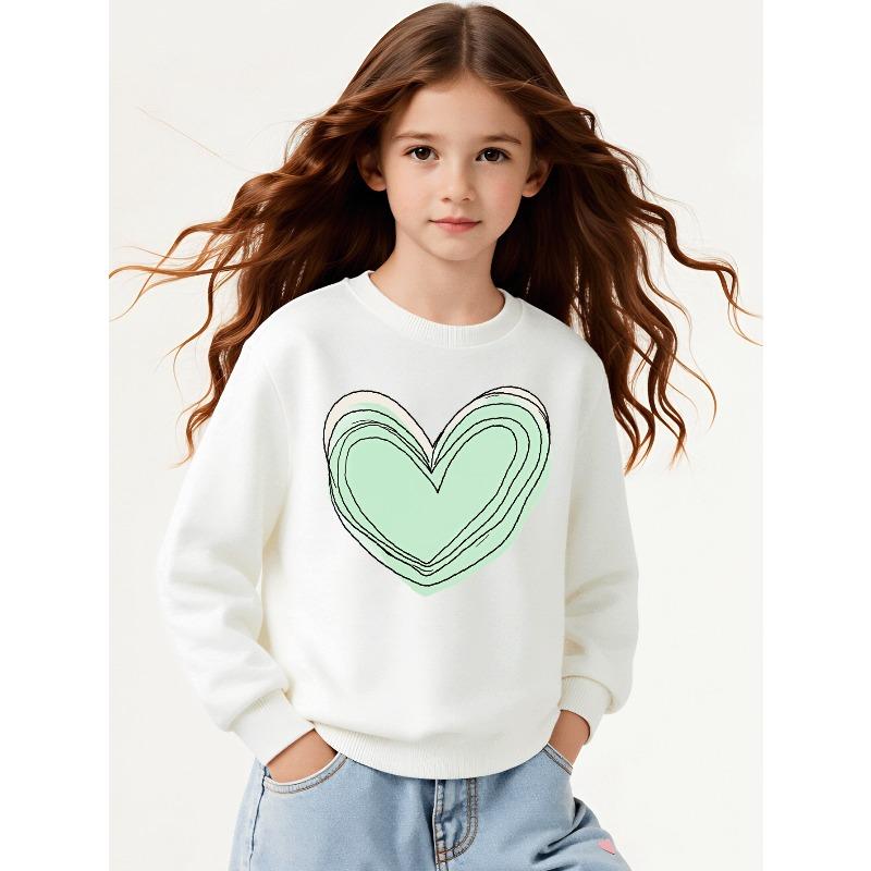 Girls' Long-sleeve Sweatshirt with Round Neck and Printed DesignGreen Layered Heart Suitable for Spring and Autumn, Fashionable and Casual