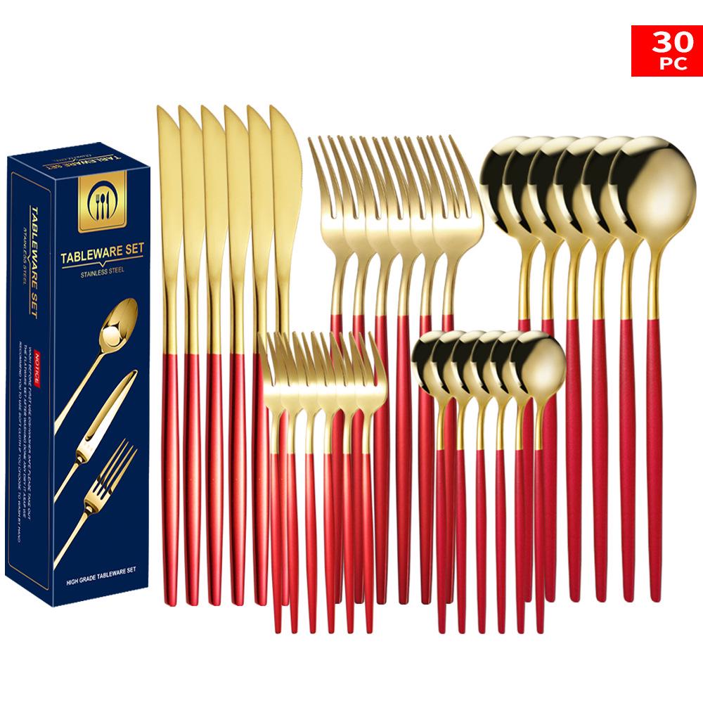 Set tacâmuri din oțel inoxidabil Portugal Gold, 24 de piese: Cuțit de Steak, Furculiță, Lingură de Hotel în Cutie Cadou