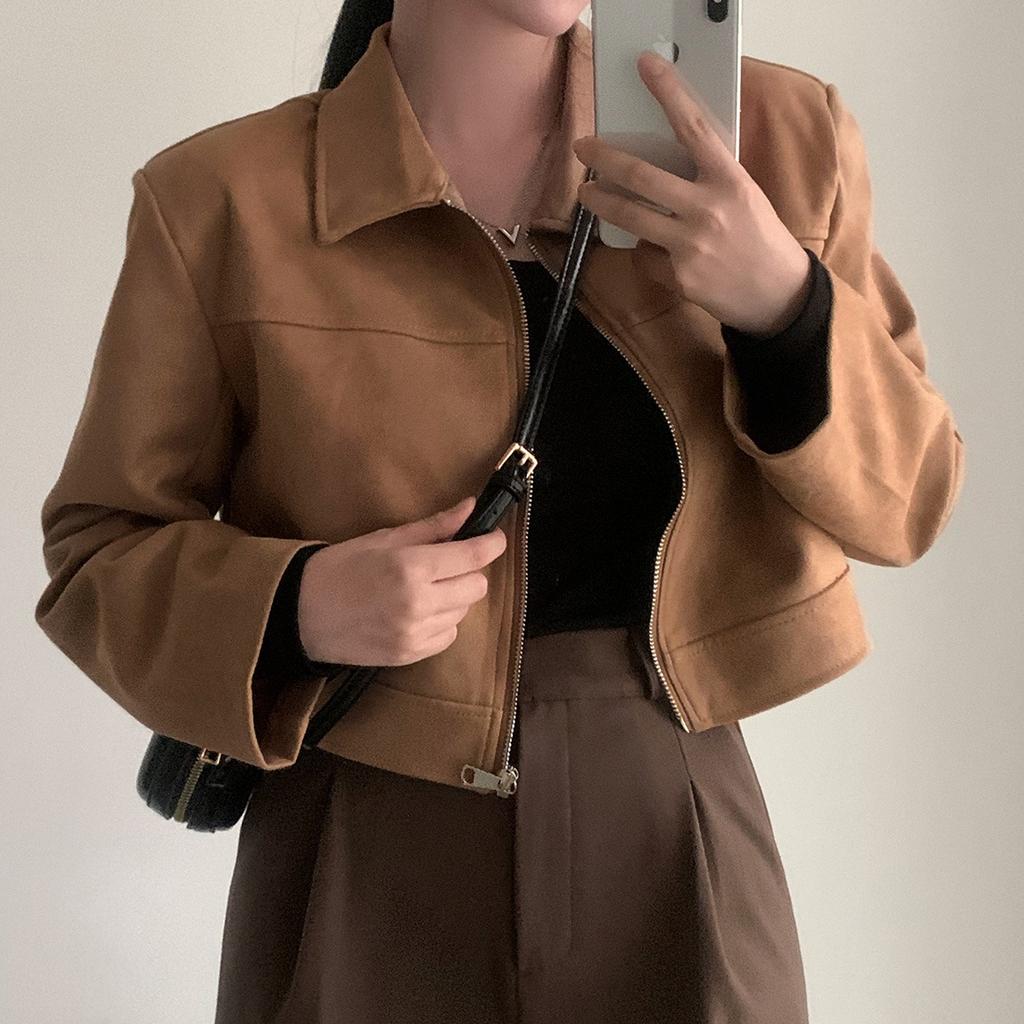 Women's Lap Collar Full Zip Cropped Suede Jacket Loose Long Sleeve Solid Vintage Casual Short Outerwear Korean Chic Autumn Streetwear Coat