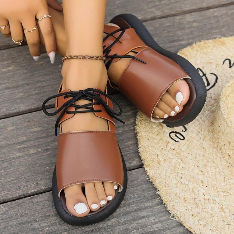 Große Größe flacher Boden Schnürsandalen Damen Sommer neue Farbabstimmung Sandalen Sportsandalen Damen