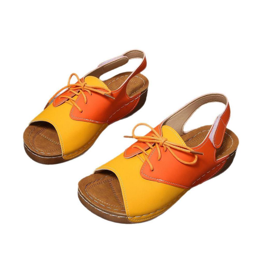 Women's Plus Size Color Block Wedge Sandals with Thick Sole and Velcro Lace-up.