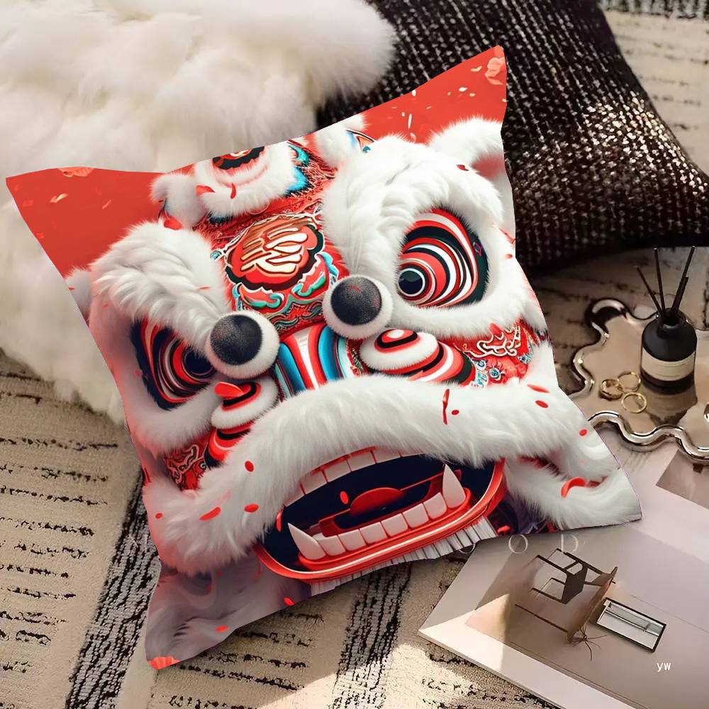 Classic Traditional Dancing Lion Animated Cartoon Pillow Case Fashion Square Pillowcase Bedroom Sofa Room Ins Decoration Leisure