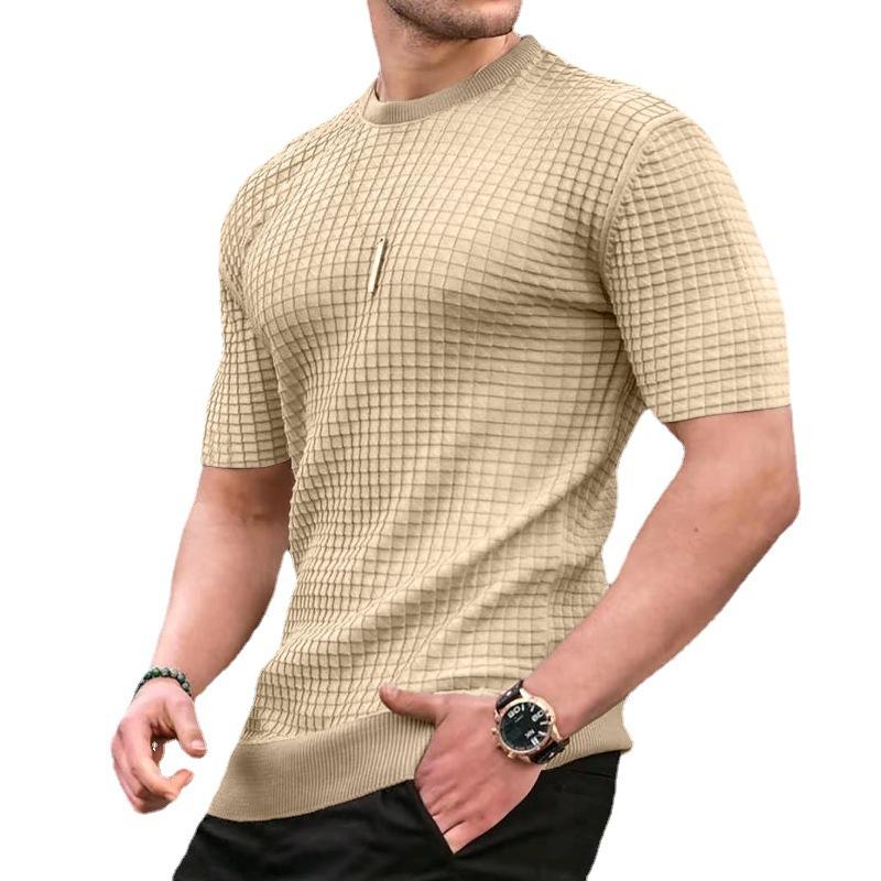 Spring Summer Men's Small Plaid T-shirt Solid Round Neck Short Sleeve Man Top