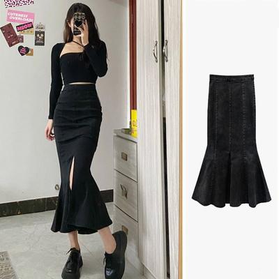 Fırfırlı Balık Kuyruğu Etek Siyah Dar Yüksek Belli Açık Paket Kalça A Kesim Elastik Orta Boy Kadın Çok Yönlü Rahat Moda Kot Büstiyer Etek