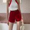 Dames Hoge Taille Rode Denim Shorts - Zomer Slim Fit, Casual Wijde Pijp Design