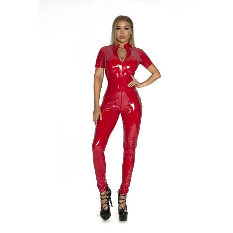 Sexy ženy Catsuit z umělé kůže PVC Latex Body Přední Zip Otevřený Rozkrok Kombinézy Stretch Bodystocking Erotické kostýmy