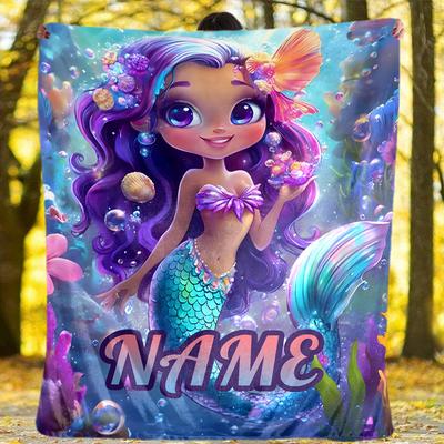 Mermaid Art Outdoor Customize Your Name Blanket Soft Lightweight Cozy Allseason Multiuse Throw For Travel Camping Picnic Sofa Office Bed Living Room