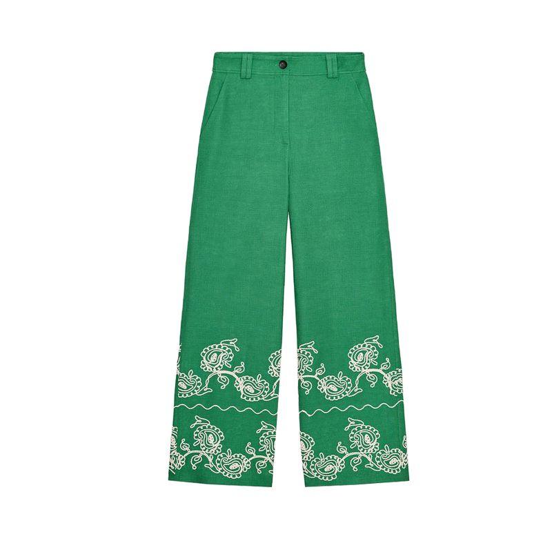 round Neck Short sleeve Linen Blend Embroidered Top 2731105 Mid Waist Wide Leg Casual Trousers 2731104