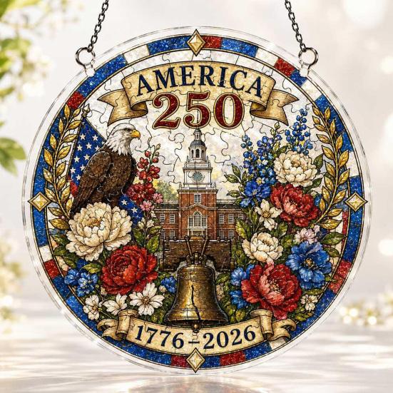 Acrylic Jigsaw Puzzle Suncatcher, US 250th Anniversary DIY Sun Catcher Kit, Stained Glass Style Patriotic Window Hanging Ornament for Independence Day