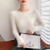 Women's Wool-Cashmere Slim Fit Seamless Sweater, Long Sleeve, Versatile Knit Base Layer with Round Neck and Rolled Hem.