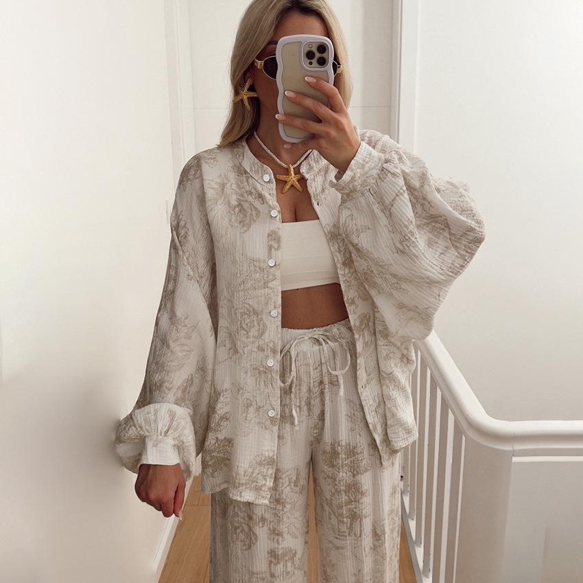 Women 2 Piece Set Tropical Print Cardigan Cami Top Wide Leg Pants Vacation Outfit