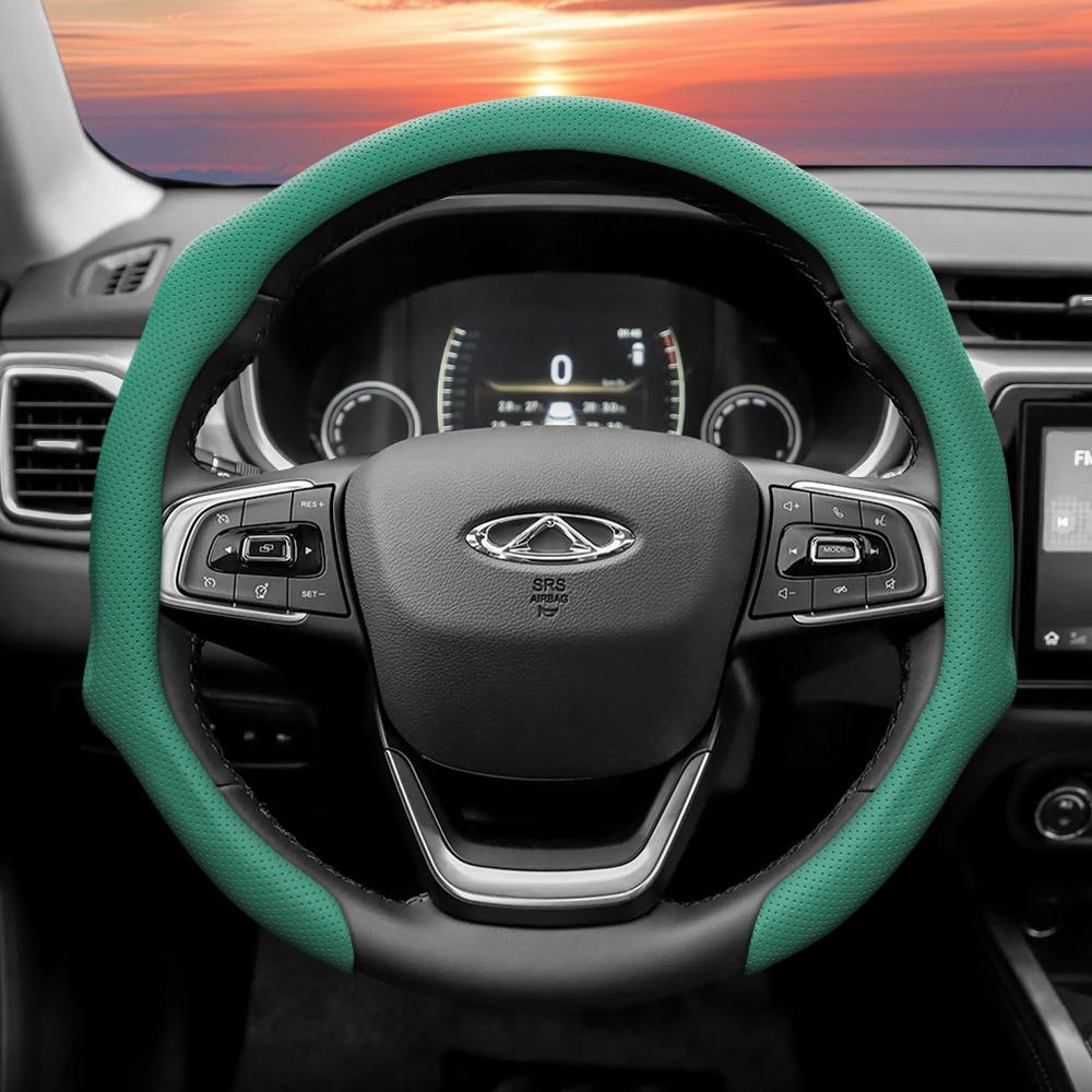 Suitable for Chery Perforated Leather Steering Wheel Cover, Anti-Slip, Sweat-Absorbent, Breathable, Integrated Protective Case for Tiggo 2 3 4 7 8 9