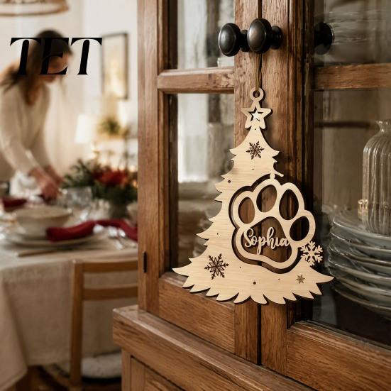 Holiday Gifts for Pet Lovers Wood Christmas Tree Pendant with Paw Print, Hollow Engraved Hanging Rustic Decor Home Ornament, Style Craft Party