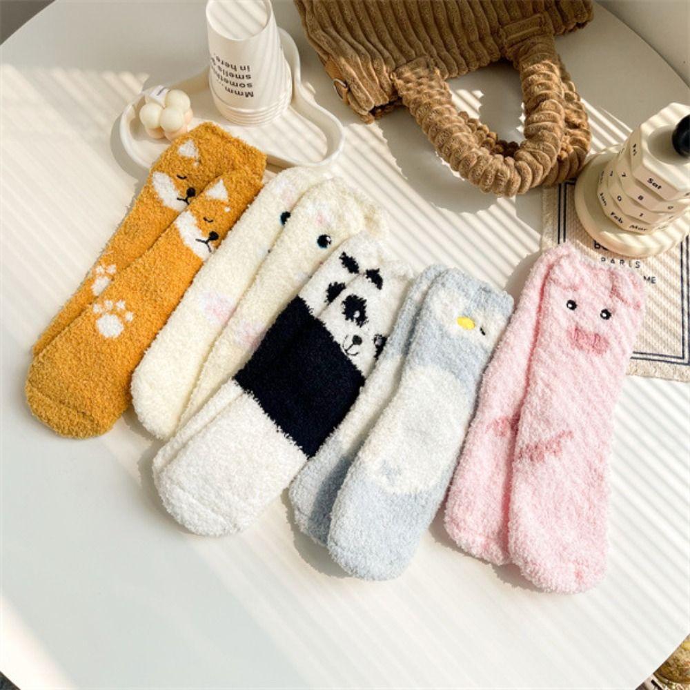 5pairs Panda Cat Coral Fleece Socks Pig Dog Sleeping Socks Women Animals Fleece Socks Fall/Winter