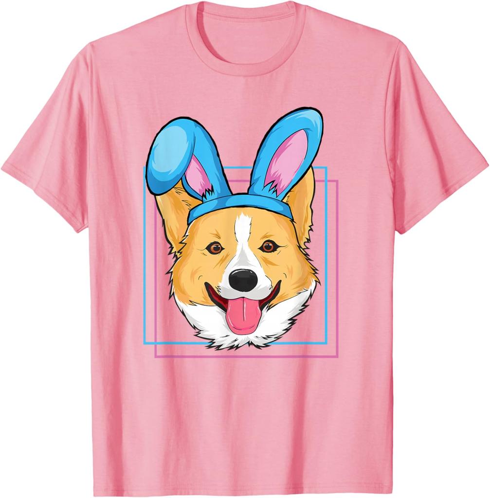 Corgi Wearing Bunny Ears Easter Egg Hunting Dog Lover Graphic T-Shirt Casual Cotton Short Sleeve Tee