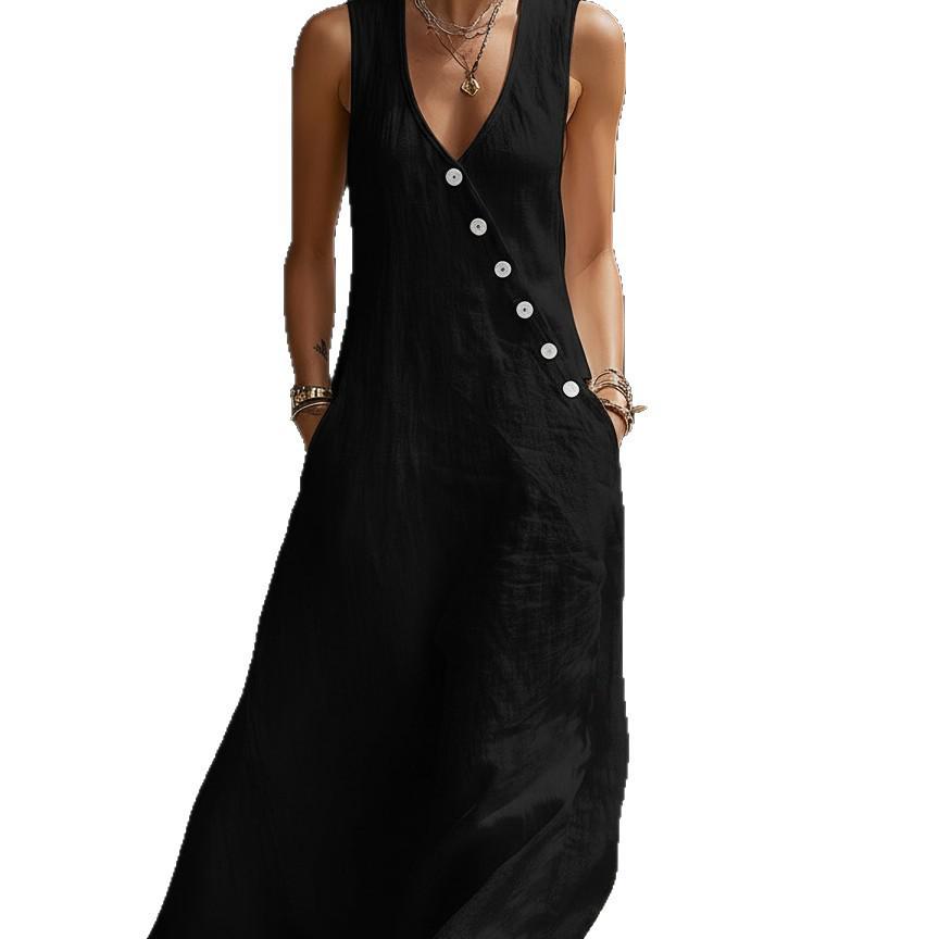 2026 Spring/Summer European V-neck Sleeveless Maxi Dress - Cotton Linen Button-up
