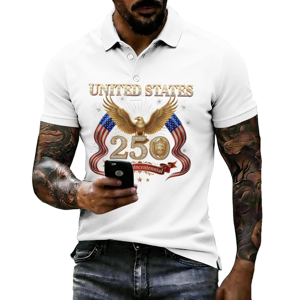 Men's Casual Polo Shirt Short Sleeve Flag Print Lightweight Breathable Comfortable Summer Top with Button Collar