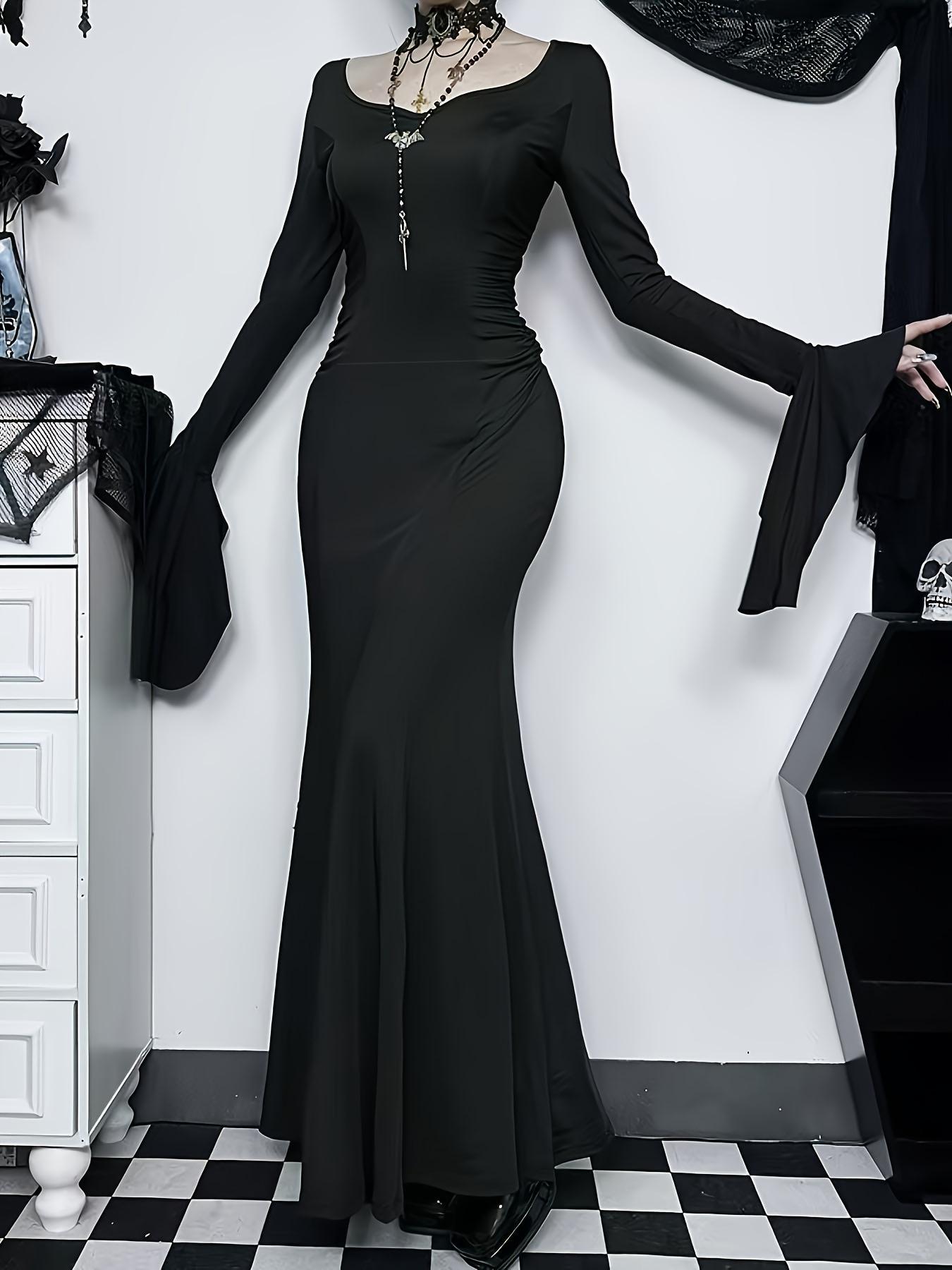 

Gothic Style Slim Fit Bell Sleeve Fishtail Dress Large чорний
