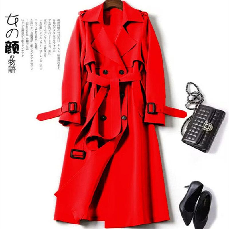 Trench Coat da Donna Primavera Autunno Coreano Lungo Elegante Doppiopetto Khaki Giacca a Vento Streetwear