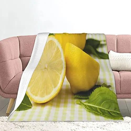 Fresh Lemons Throw Blanket Fruits Vegetables Theme Flannel Blanket Super Soft Lightweight Blanket for Bed Sofa Couch Living Room