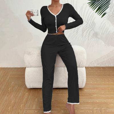 Dames Kant Afwerking Geribbelde Gebreide Pyjama Set Lange Mouw Crop Top Wijde Pijp