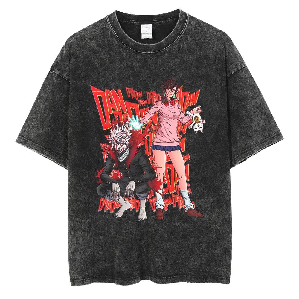 Anime Dandadan Okarun Ken Takakura Print Washed Tshirt Men Manga Vintage T-shirts Oversized Cotton T Shirt Tops
