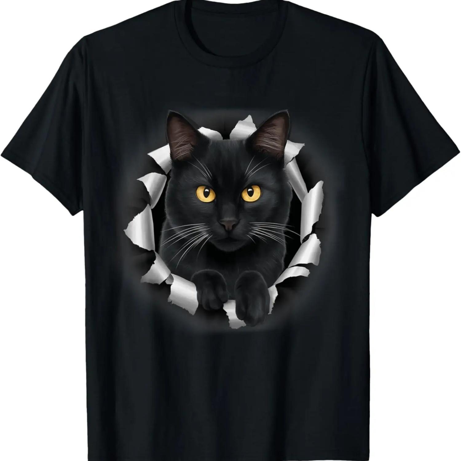 Cute Black Cat Looks From Torn Fabric For Cat Lover T-Shirt S