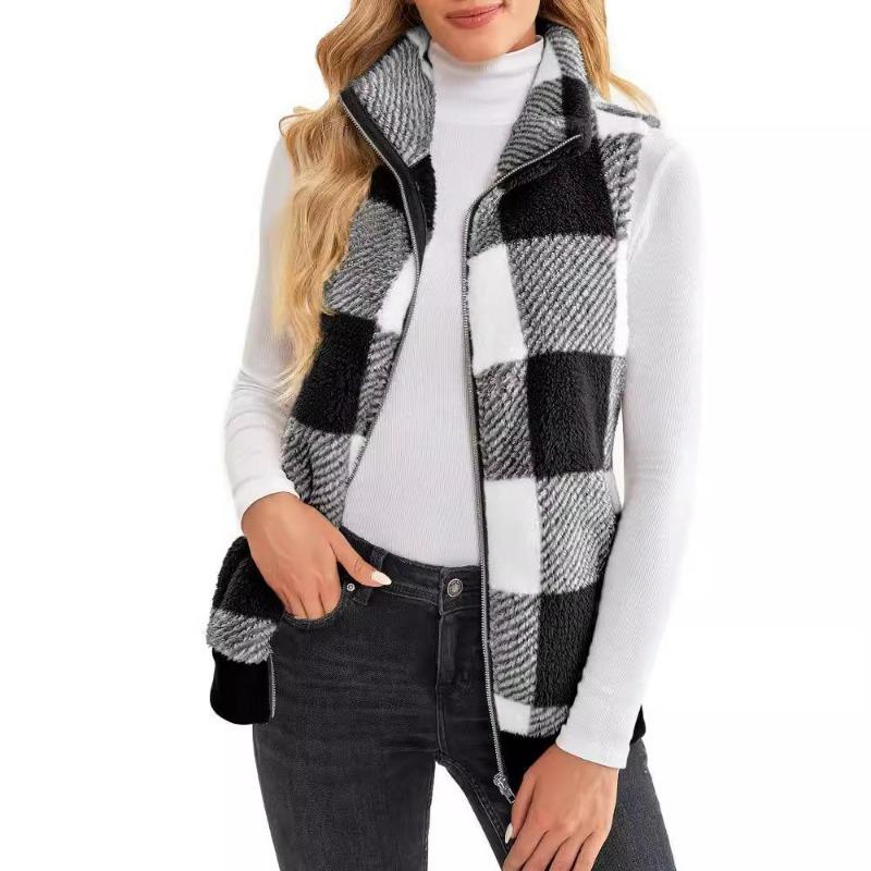 Women's Plaid Fleece Vest Stand Collar Zip Up Sleeveless Jacket Warm Casual Fall Winter Waistcoat S-5XL