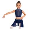 Children’s Sparkle Rhinestone Sleeveless Mock Neck Top Keyhole Back and Ruched Irregular Skirt for Dance Show Practice