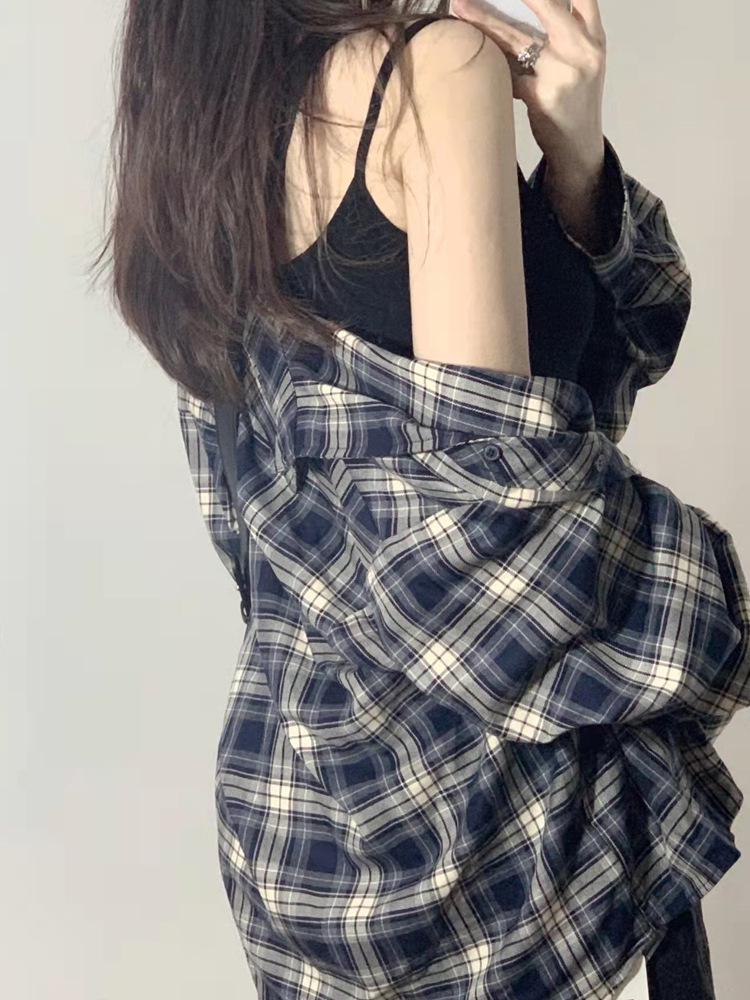 Plaid Mid-Length Influencer Shirt: Women's Trendy Spring & Autumn Long Sleeve Top 2025 Design
