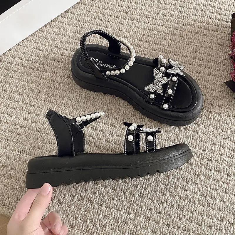 Fashion Sandals for Women Pearl Diamond Korea Sandal Luxury Summer Asian Size Woman Shoes Vintage Comfortable and Elegant 2025 Footwear