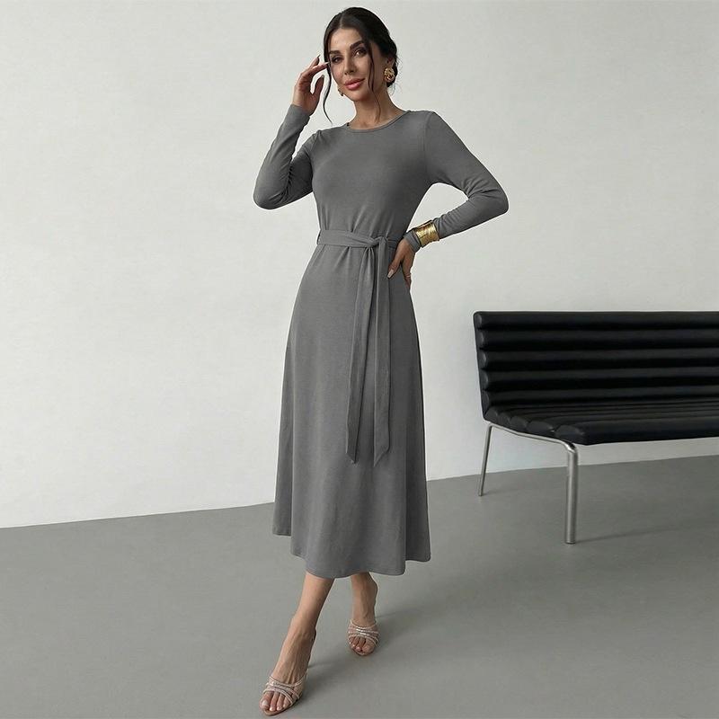 Fall and Winter European Style Elegant Long Sleeve Maxi Dress Solid Color Knitted A S