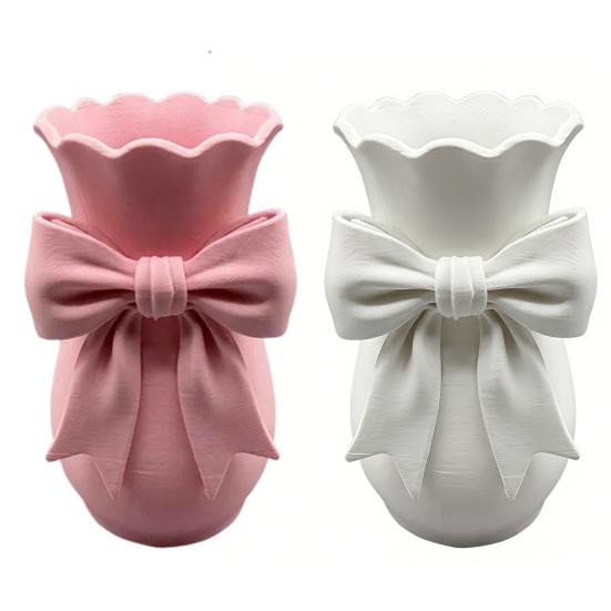 Pink White Bow Vase Plastic Farmhouse Flower Vase Makeup Brush Pen Holder for Table Bathroom Shelf Centerpiece