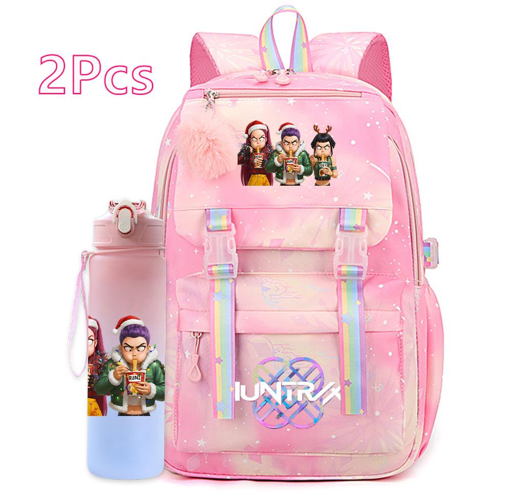 2Pcs/set Christmas K-pop Printed Backpack with 750Ml Water Bottler Large Capacity Travel Bag for Teenager Girl Boy Waterproof Bookbag Kid Gift Rucksak