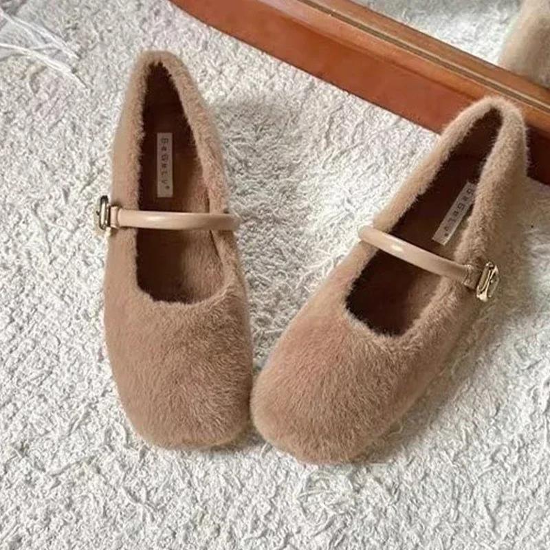 2025 Fur Flats Ballet Dance Shoes Casual Short Plush Boots Fashion New Shallow Square Toe Zapatos Dress Walking Designer Shoes