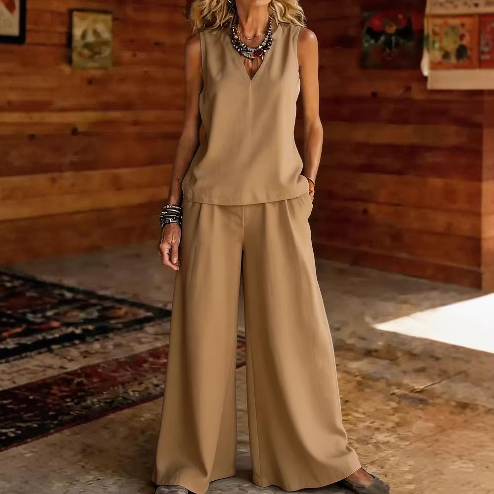 2026 Amazon Europe and the United States Cross-border Explosion Solid Color Elegant Two-piece Set V-neck Vest and Wide-leg Pants Set Women's Clothing