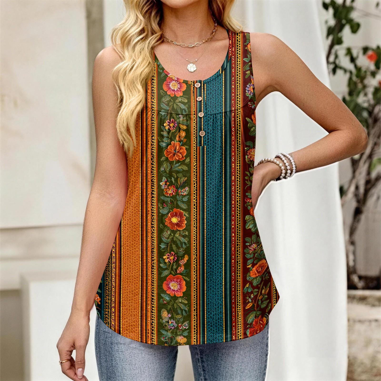 

Women s New Fashion Retro Floral Striped Textured Print Round Neck Loose Casual Button-Down Sleeveless Vest Top XL