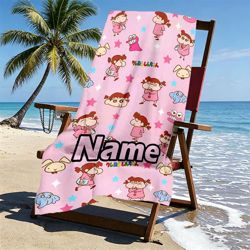 Custom Name Personalized Crayon Shin Print Beach Towel, for Trip Camping Beach Party Home Decor, Birthday Gift for Family & Friends