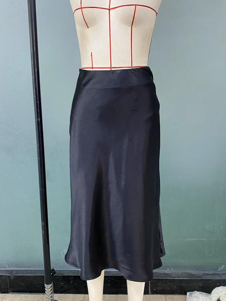 European & American Style Satin Midi Skirt - Spring/Summer 2025 - Elegant A-Line Polyester Skirt