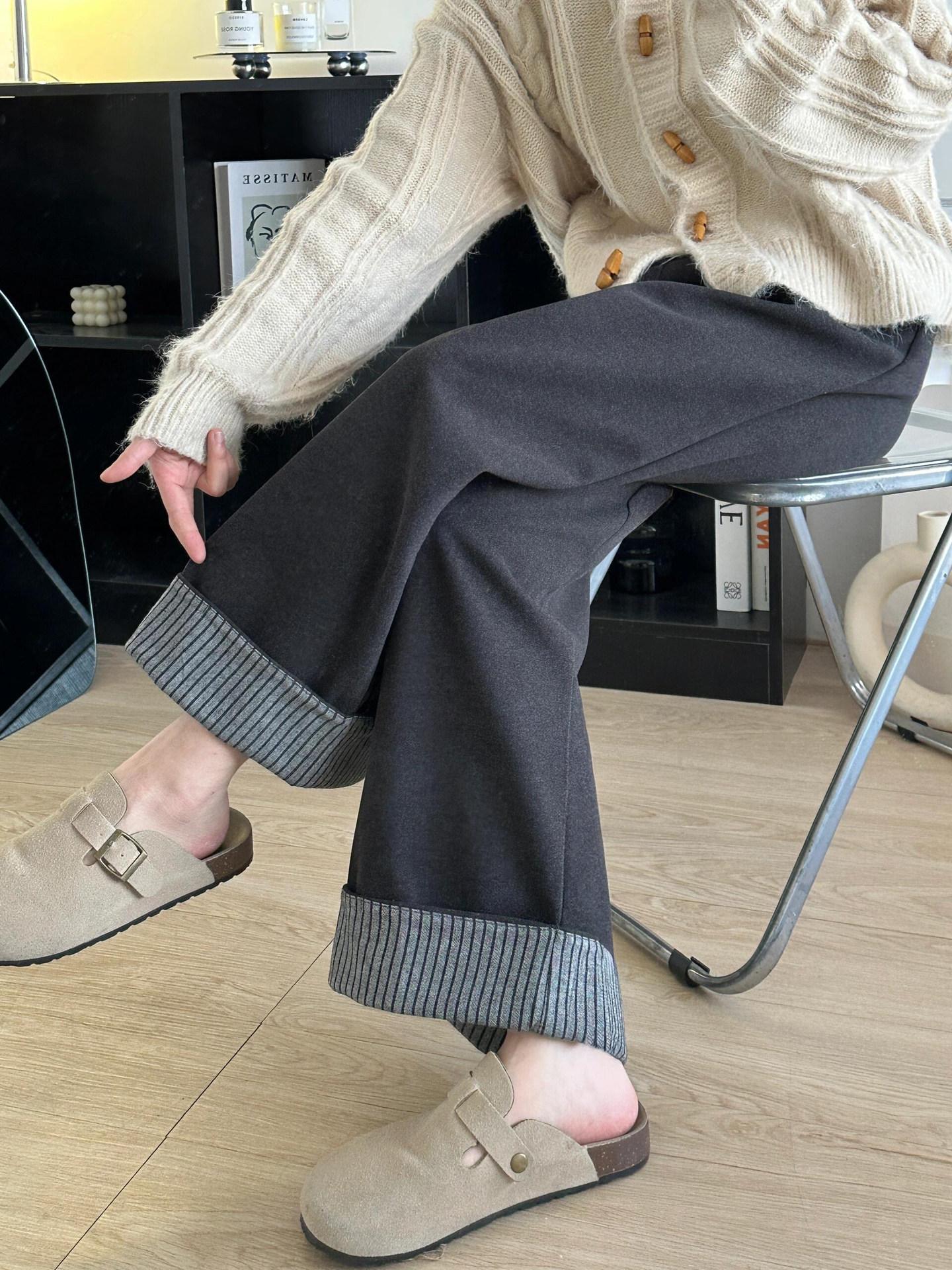 

High Waist Dark Gray Wool Wide-Leg Pants for Women - Pear-Shaped, Plus Size, Slimming, Plus Velvet, Autumn Winter Casual 4XL [Recommended 180-200 jin]