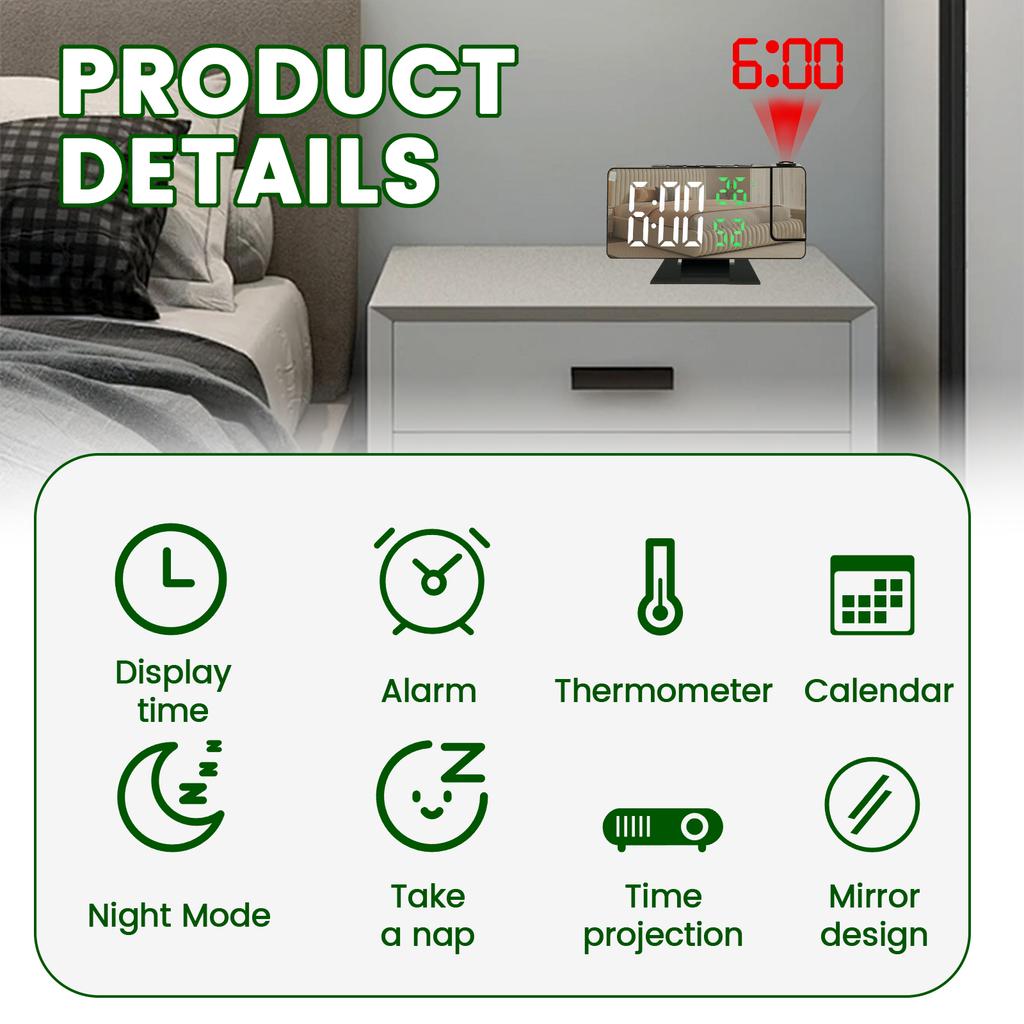 LED Digital Alarm Clock Projection Clock 4 Level Dimmable Projection Alarm Clock with Time Temperature Digital Clocks for Home