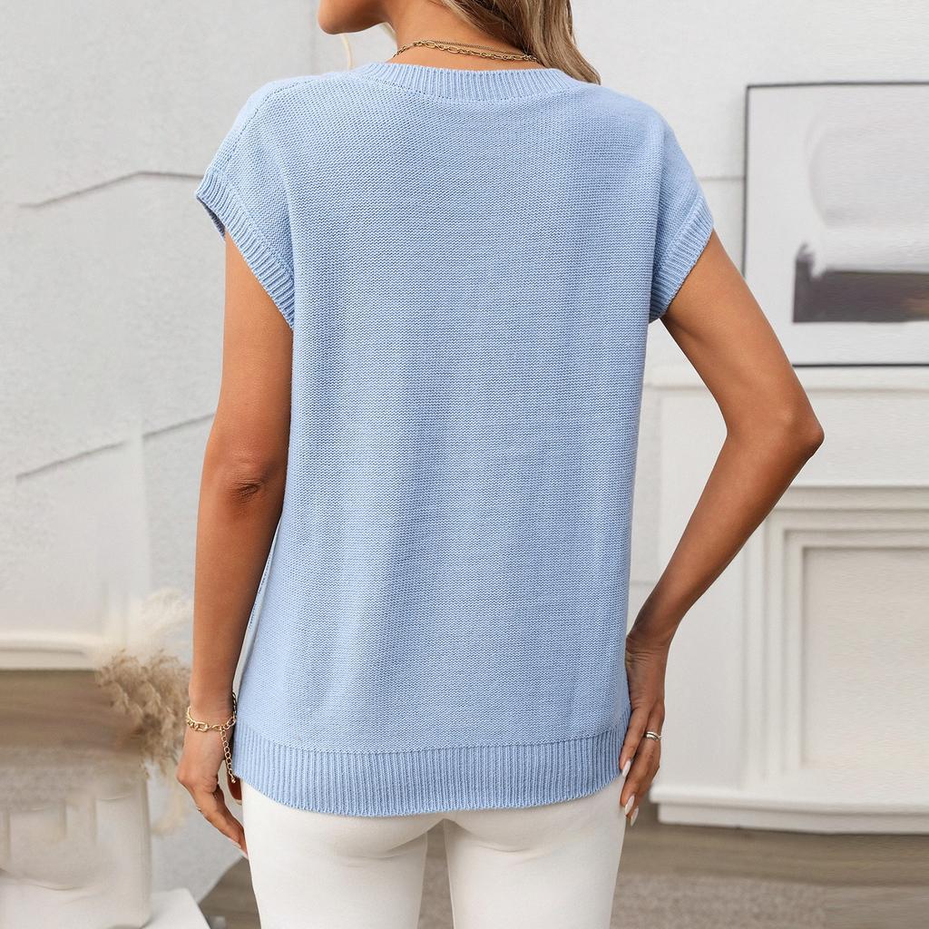 Women's Fashionable Solid Color V Neck  Short Sleeved Pullover T-shirt Top